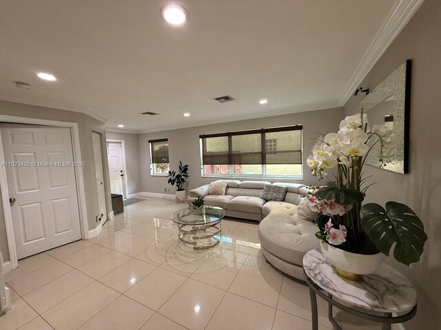 4280 NW 1st Pl, Deerfield Beach, FL 33442 - living area with light tile patterned floors, recessed lighting, and crown molding