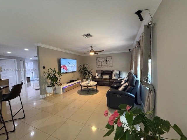4280 NW 1st Pl, Deerfield Beach, FL 33442 - living room with light tile patterned flooring, a ceiling fan, ornamental molding, and recessed lighting