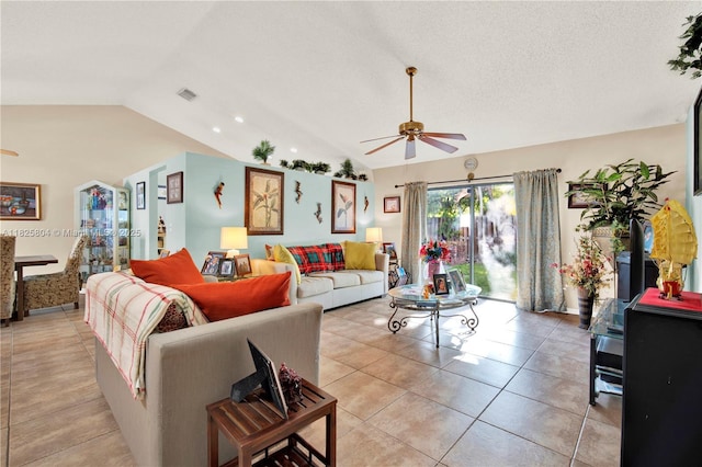 11027 SW 148th Ct, Miami, FL 33196 - living room with vaulted ceiling, ceiling fan, light tile patterned floors, and recessed lighting