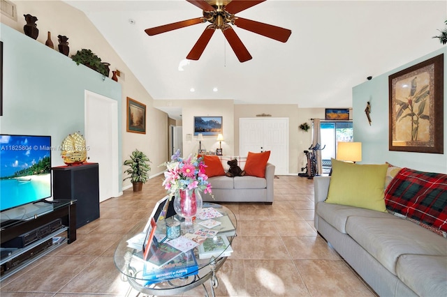 11027 SW 148th Ct, Miami, FL 33196 - living room with ceiling fan, light tile patterned floors, high vaulted ceiling, and recessed lighting