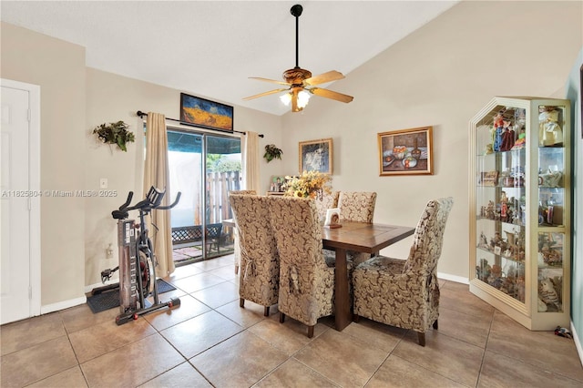 11027 SW 148th Ct, Miami, FL 33196 - dining area with a ceiling fan, light tile patterned flooring, and lofted ceiling
