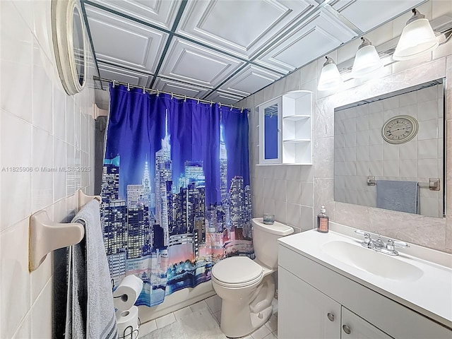 8635 NW 8th St Unit 103, Miami, FL 33126 - bathroom with tile walls, vanity, and a shower with shower curtain