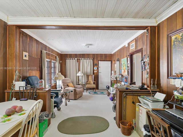 3490 Charles Ave, Miami, FL 33133 - living room featuring ornamental molding, wooden walls, and carpet floors