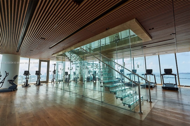 300 Biscayne Blvd Way Unit 2607, Miami, FL 33131 - gym featuring a wall of windows and wood finished floors