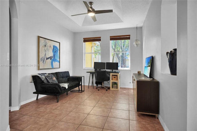 12779 SW 27th St, Miramar, FL 33027 - sitting room featuring a ceiling fan, light tile patterned floors, an office area, and a raised ceiling