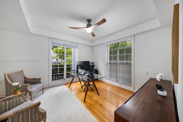 441 Grand Concourse, Miami Shores, FL 33138 - home office featuring plenty of natural light, a tray ceiling, a ceiling fan, and light wood finished floors