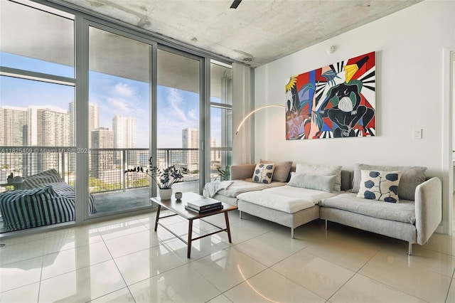 3301 NE 1st Ave Unit H2104, Miami, FL 33137 - living room with floor to ceiling windows, tile patterned floors, and a skyline view