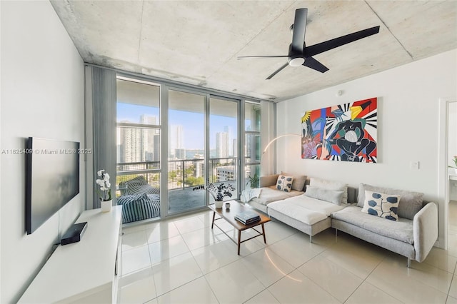 3301 NE 1st Ave Unit H2104, Miami, FL 33137 - tiled living area with expansive windows and ceiling fan