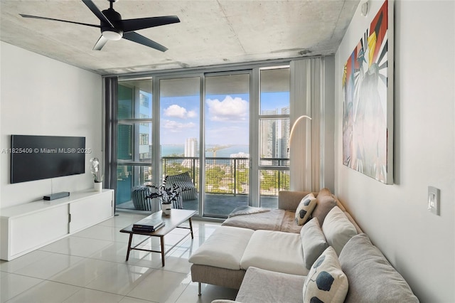 3301 NE 1st Ave Unit H2104, Miami, FL 33137 - living area with expansive windows, healthy amount of natural light, ceiling fan, light tile patterned flooring, and a city view