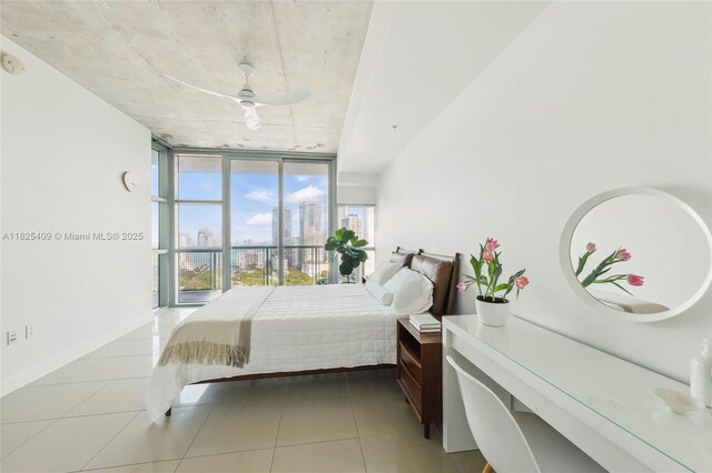 3301 NE 1st Ave Unit H2104, Miami, FL 33137 - bedroom with a wall of windows, tile patterned floors, and a ceiling fan