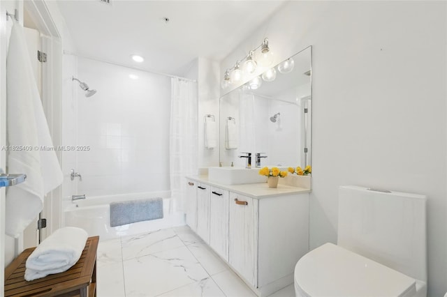 3301 NE 1st Ave Unit H2104, Miami, FL 33137 - full bath with marble finish flooring, vanity, shower / bathtub combination with curtain, and recessed lighting