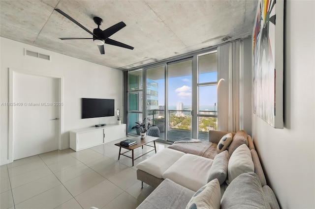 3301 NE 1st Ave Unit H2104, Miami, FL 33137 - living room featuring a wall of windows, a ceiling fan, and tile patterned floors