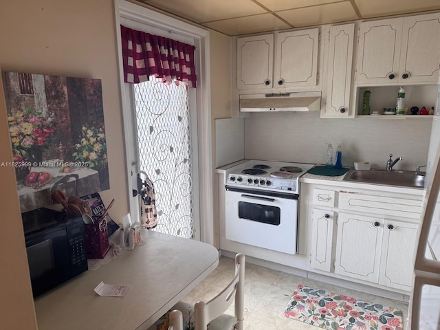 5200 Washington St Unit 207, Hollywood, FL 33021 - kitchen with electric range, under cabinet range hood, black microwave, backsplash, and white cabinetry