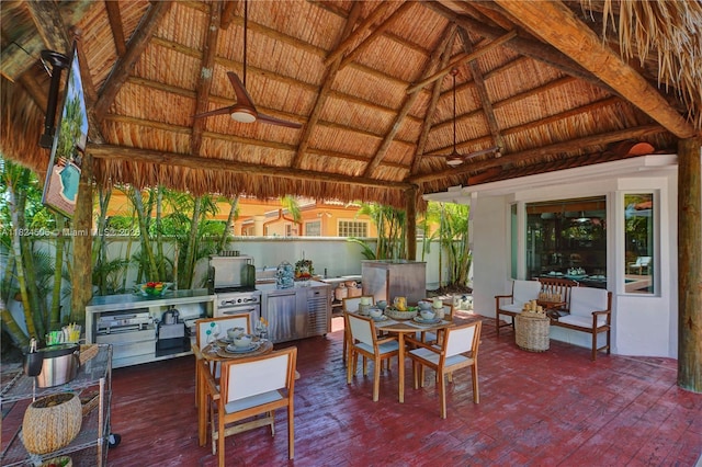 14241 SW 30th St, Miami, FL 33175 - view of patio with a gazebo, outdoor dining space, a ceiling fan, area for grilling, and a wooden deck