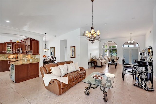 14241 SW 30th St, Miami, FL 33175 - living room featuring a chandelier, light tile patterned floors, lofted ceiling, and recessed lighting