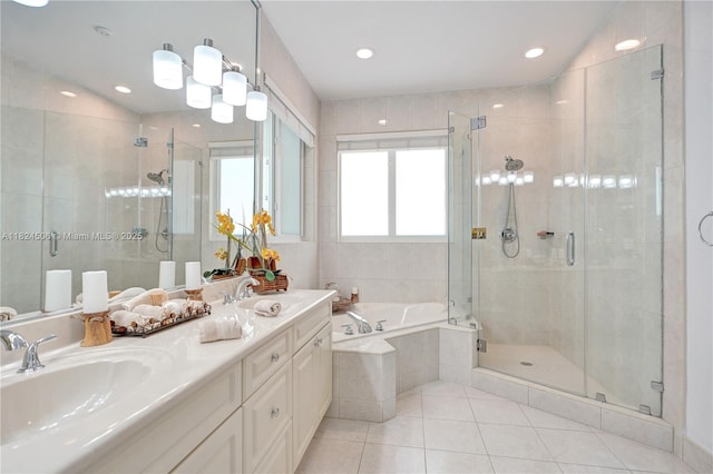 14241 SW 30th St, Miami, FL 33175 - full bath with tile patterned floors, a bath, a shower stall, double vanity, and recessed lighting