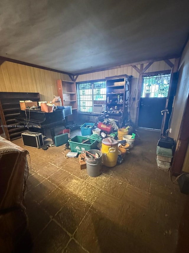 10315 SW 42nd St, Miami, FL 33165 - living room featuring wooden walls and a garage