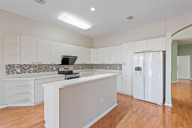 7348 Copperfield Cir, Lake Worth, FL 33467 - kitchen featuring white fridge with ice dispenser, open shelves, stainless steel electric range oven, extractor fan, and light countertops