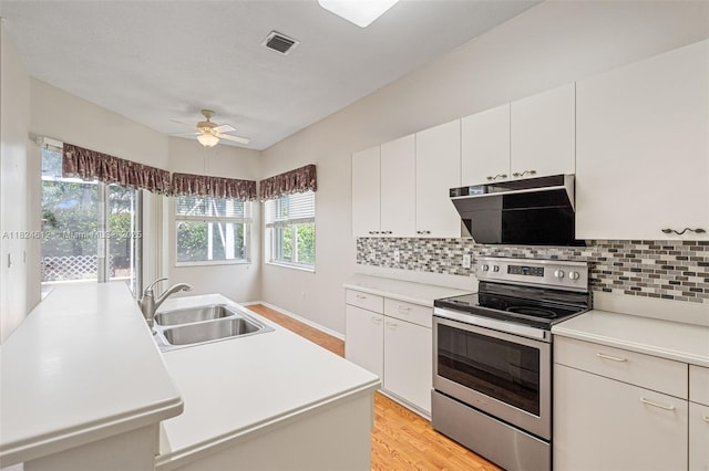 7348 Copperfield Cir, Lake Worth, FL 33467 - kitchen with electric stove, decorative backsplash, ceiling fan, and exhaust hood