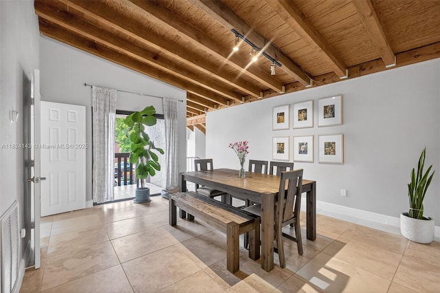6401 SW 116th Ct Unit C, Miami, FL 33173 - dining room featuring a wooden ceiling with exposed beams, rail lighting, and light tile patterned floors
