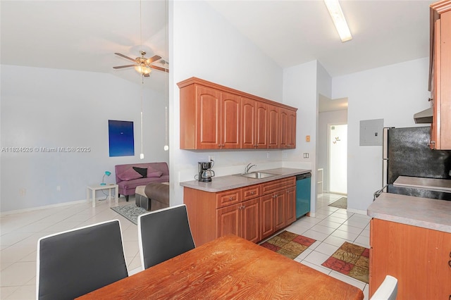 806 NE 214th Ln Unit 806-03, Miami, FL 33179 - kitchen with dishwasher, light tile patterned floors, freestanding refrigerator, a ceiling fan, and under cabinet range hood