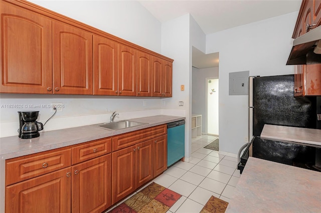 806 NE 214th Ln Unit 806-03, Miami, FL 33179 - kitchen featuring dishwasher, freestanding refrigerator, under cabinet range hood, light tile patterned floors, and electric panel