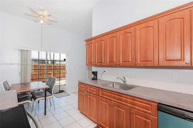 806 NE 214th Ln Unit 806-03, Miami, FL 33179 - kitchen featuring dishwasher, light tile patterned floors, ceiling fan, brown cabinetry, and high vaulted ceiling