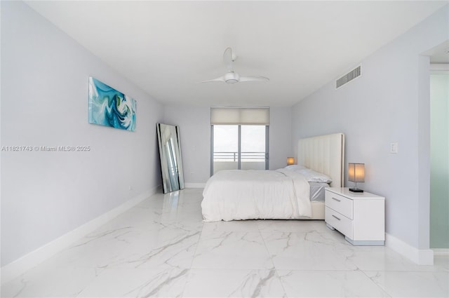 5555 Collins Ave Unit 7N, Miami Beach, FL 33140 - bedroom featuring light marble finish floors and ceiling fan
