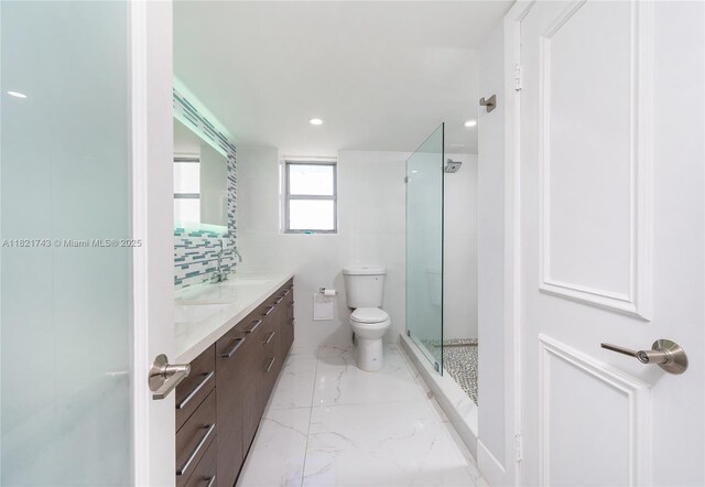 5555 Collins Ave Unit 7N, Miami Beach, FL 33140 - full bath with vanity, walk in shower, marble finish flooring, and recessed lighting