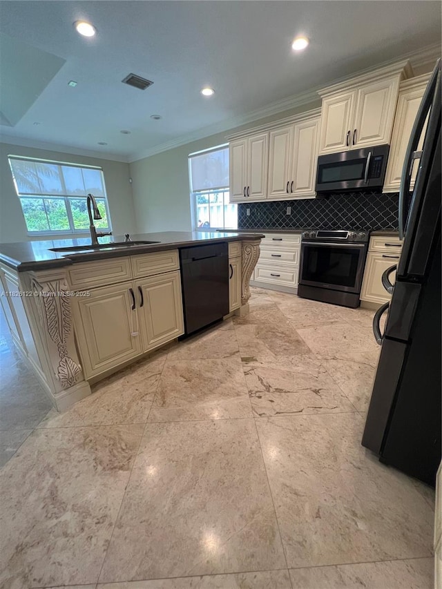 16546 SW 39th St, Miramar, FL 33027 - kitchen with black appliances, ornamental molding, dark countertops, decorative backsplash, and healthy amount of natural light