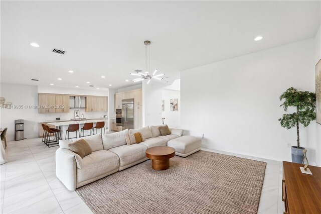 20273 Bandon Dunes Rd, Boca Raton, FL 33434 - living room featuring recessed lighting, light tile patterned floors, and ceiling fan
