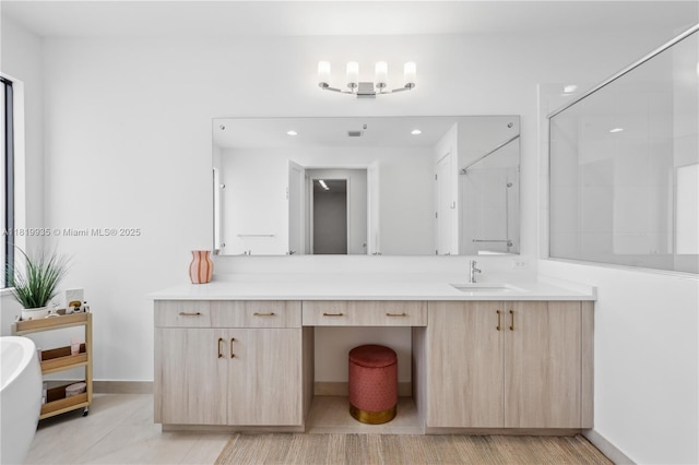 20273 Bandon Dunes Rd, Boca Raton, FL 33434 - full bath with vanity, a soaking tub, tiled shower, tile patterned flooring, and recessed lighting