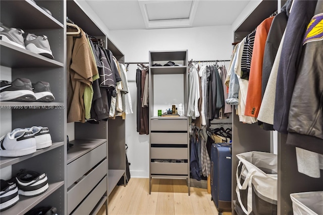20273 Bandon Dunes Rd, Boca Raton, FL 33434 - walk in closet featuring attic access and light wood-style flooring