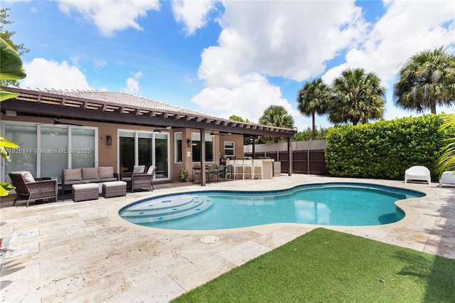 10989 NW 73rd Ter, Doral, FL 33178 - view of pool featuring an outdoor living space, a ceiling fan, and a patio