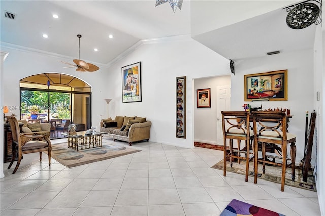 3820 SW 106th Ter, Davie, FL 33328 - living room featuring crown molding, ceiling fan, recessed lighting, light tile patterned flooring, and high vaulted ceiling