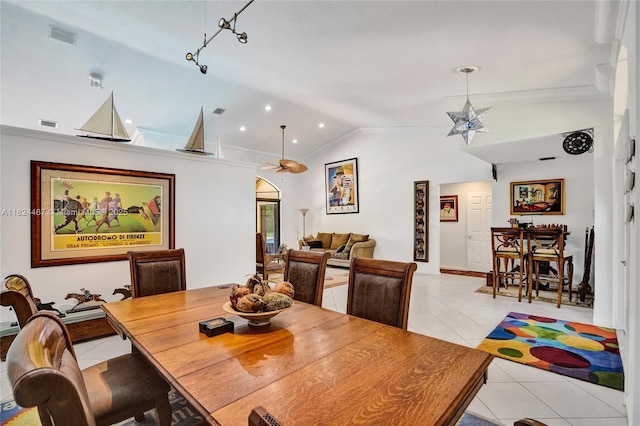 3820 SW 106th Ter, Davie, FL 33328 - dining space featuring light tile patterned floors, lofted ceiling, ornamental molding, and a ceiling fan