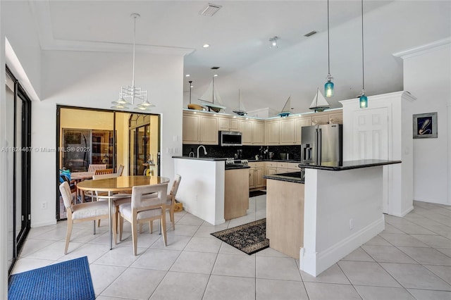 3820 SW 106th Ter, Davie, FL 33328 - kitchen featuring appliances with stainless steel finishes, high vaulted ceiling, dark countertops, light tile patterned floors, and backsplash