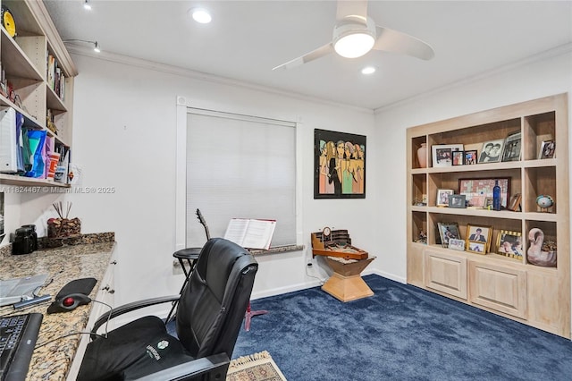 3820 SW 106th Ter, Davie, FL 33328 - office space featuring crown molding, dark carpet, ceiling fan, and recessed lighting