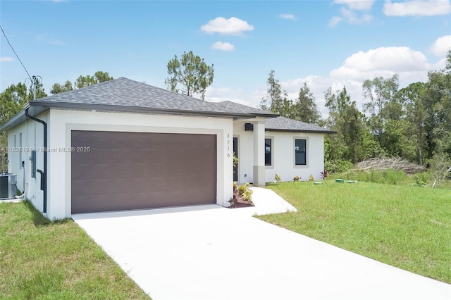 3216 40th St SW, Lehigh Acres, FL 33976 - view of front of property featuring stucco siding, driveway, a garage, a front lawn, and a shingled roof