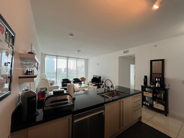 79 SW 12th St Unit 1603-S, Miami, FL 33130 - kitchen with dishwasher, open floor plan, dark countertops, and dark tile patterned floors