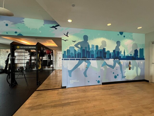 79 SW 12th St Unit 1603-S, Miami, FL 33130 - exercise room with wood finished floors and recessed lighting
