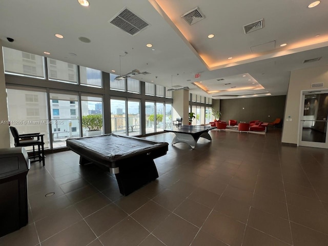 79 SW 12th St Unit 1603-S, Miami, FL 33130 - game room with billiards, recessed lighting, dark tile patterned flooring, and floor to ceiling windows
