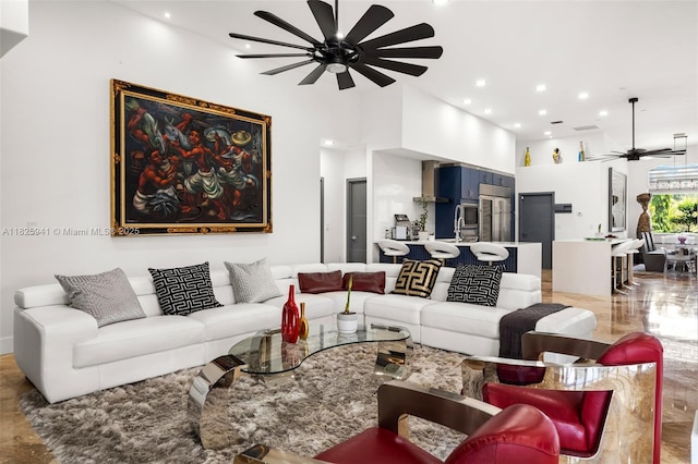 17490 SW 70th Pl, Southwest Ranches, FL 33331 - living room with ceiling fan, a towering ceiling, and recessed lighting