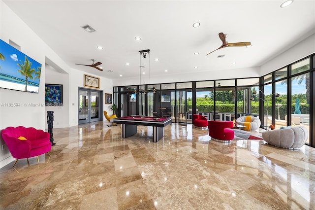 17490 SW 70th Pl, Southwest Ranches, FL 33331 - playroom with french doors, ceiling fan, recessed lighting, billiards, and marble tiled flooring