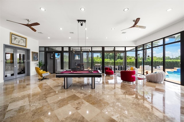 17490 SW 70th Pl, Southwest Ranches, FL 33331 - recreation room with french doors, a ceiling fan, recessed lighting, and billiards