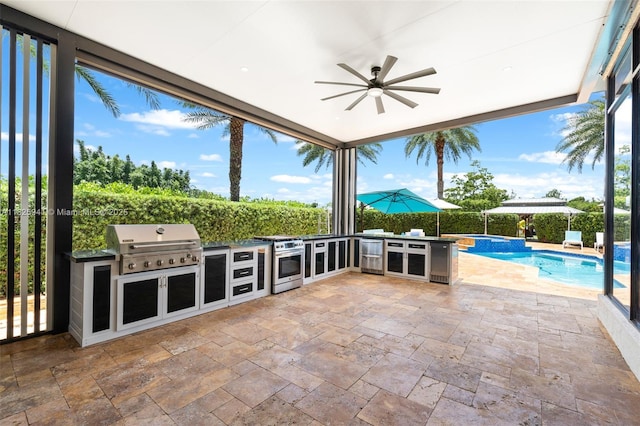 17490 SW 70th Pl, Southwest Ranches, FL 33331 - view of patio / terrace featuring area for grilling, ceiling fan, and a pool with connected hot tub