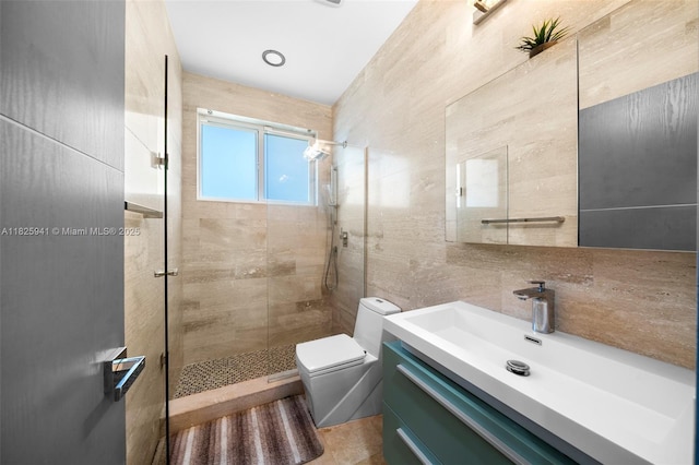 17490 SW 70th Pl, Southwest Ranches, FL 33331 - full bathroom featuring tile walls, a stall shower, and vanity