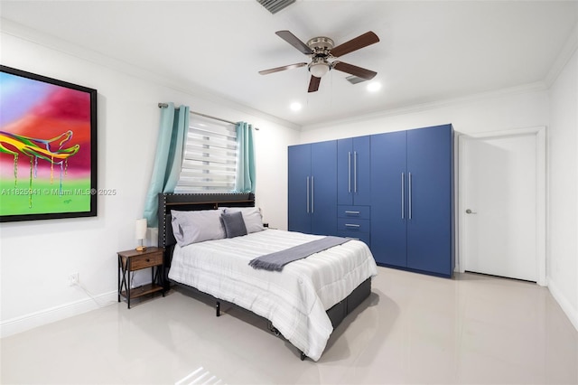 17490 SW 70th Pl, Southwest Ranches, FL 33331 - bedroom featuring crown molding, ceiling fan, recessed lighting, and light tile patterned flooring