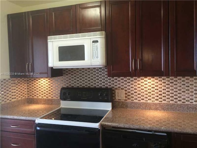 2025 NE 164th St Unit 901, North Miami Beach, FL 33162 - kitchen featuring white microwave, range with electric cooktop, tasteful backsplash, dark brown cabinets, and dishwasher