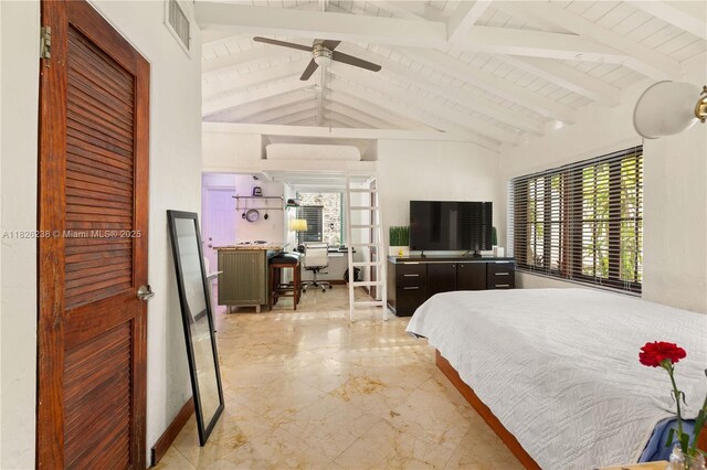 1301 Milan Ave Unit 4, Coral Gables, FL 33134 - bedroom featuring multiple windows, an office area, wooden ceiling, light marble finish flooring, and a ceiling fan